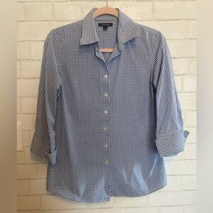 Lands' End Women Blue White Gingham Check Collar 3/4 Sleeve Button Blouse 8 #007